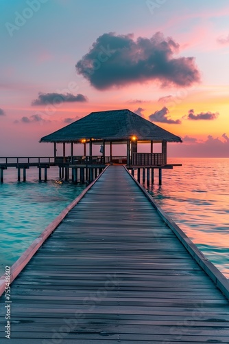 Sunrise Island Maldives over the ocean and wooden jetty