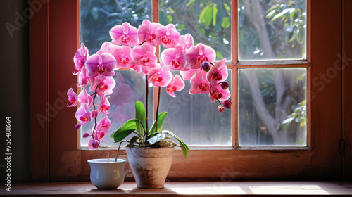 A blooming pink orchid plant sitting on a wooden windo