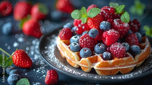 Delicious baked belgian waffles with berries and fruit on a plate