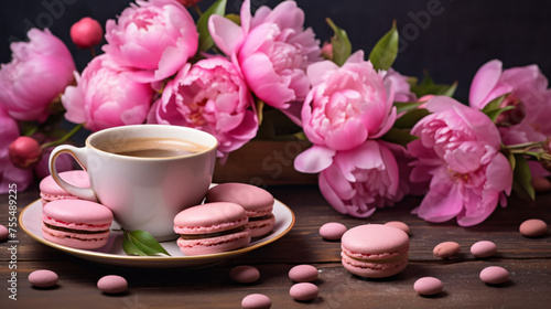 A bouquet of pink peony flowers with cup of coffee and
