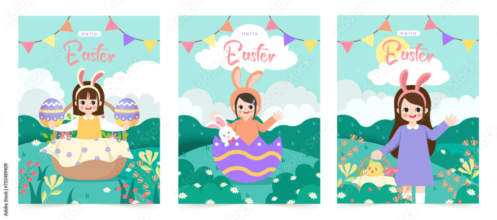 Happy Easter Set of greeting cards, posters, holiday covers. Trendy design with typography, girl, dots, eggs and bunny, in pastel colors. vector illustrator Happy Easter Set of greeting cards, posters, holiday covers. Trendy design with typography, girl, dots, eggs and bunny, in pastel colors. vector illustrator