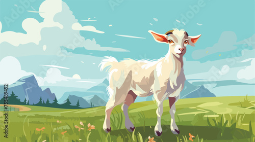 A cute goat stands on a green meadow.