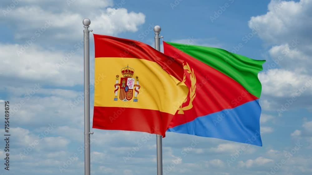 Eritrea and Spain two flags waving together, looped video, two country cooperation concept Eritrea and Spain two flags waving together, looped video, two country cooperation concept