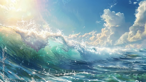 An ocean scene with a wave, half-submerged, under a sunny sky