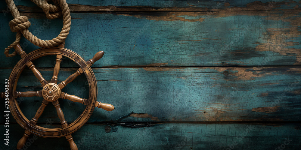 Obraz premium Creative sailing background perfect for sea travel website. Maritime and nautical theme, with blue sea color, ropes, steer and sea creatures.