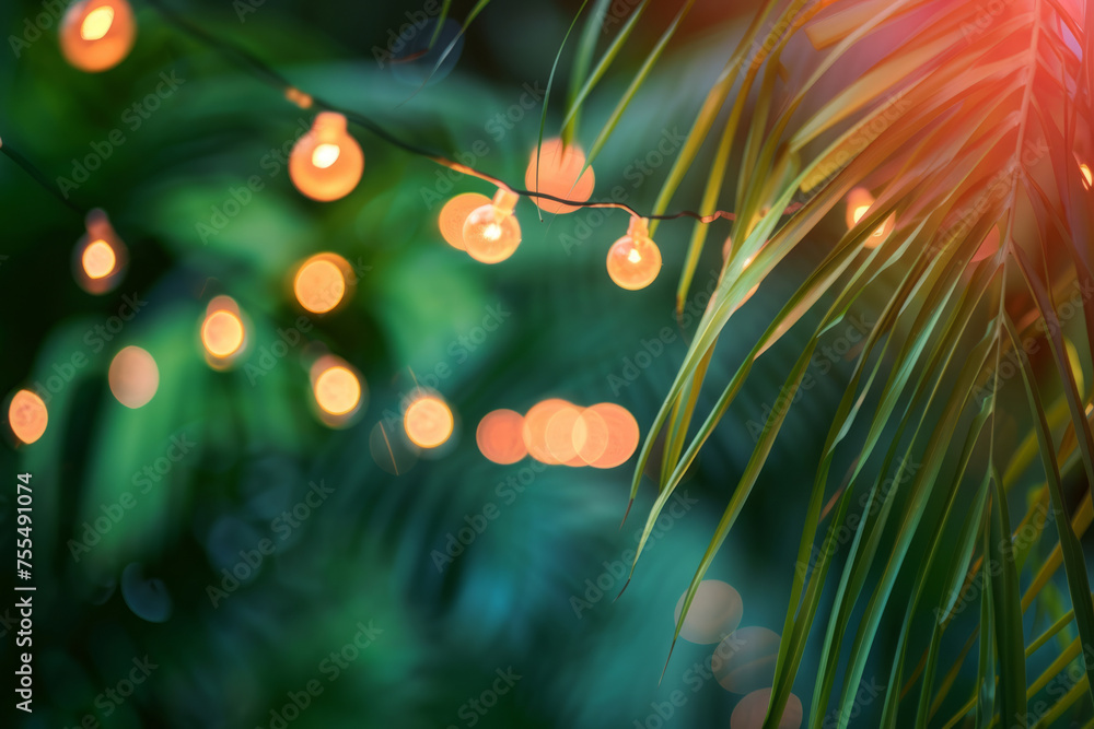 Tropical palm leaves and string lights. Generative AI Tropical palm leaves and string lights. Generative AI