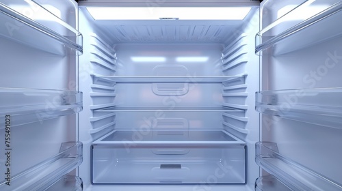 Another view of an open, empty fridge emphasizing the shelving