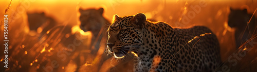 Leopards standing in the savanna with setting sun shining. Group of wild animals in nature. Horizontal, banner.