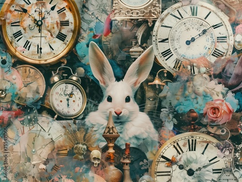 Time's Enigma, Alice adventures in wonderland, various vintage clocks intermingled with floral elements and the whimsical figure of a white rabbit, invoking themes of fleeting time and fantastical photo