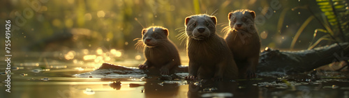 Mink family in the forest with setting sun shining. Group of wild animals in nature. Horizontal, banner. © linda_vostrovska