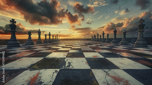 Dusk's Grand Gambit, digital art of a weathered chessboard extending into a sunset horizon, with chess pieces positioned for an epic strategic confrontation under the dramatic evening sky.