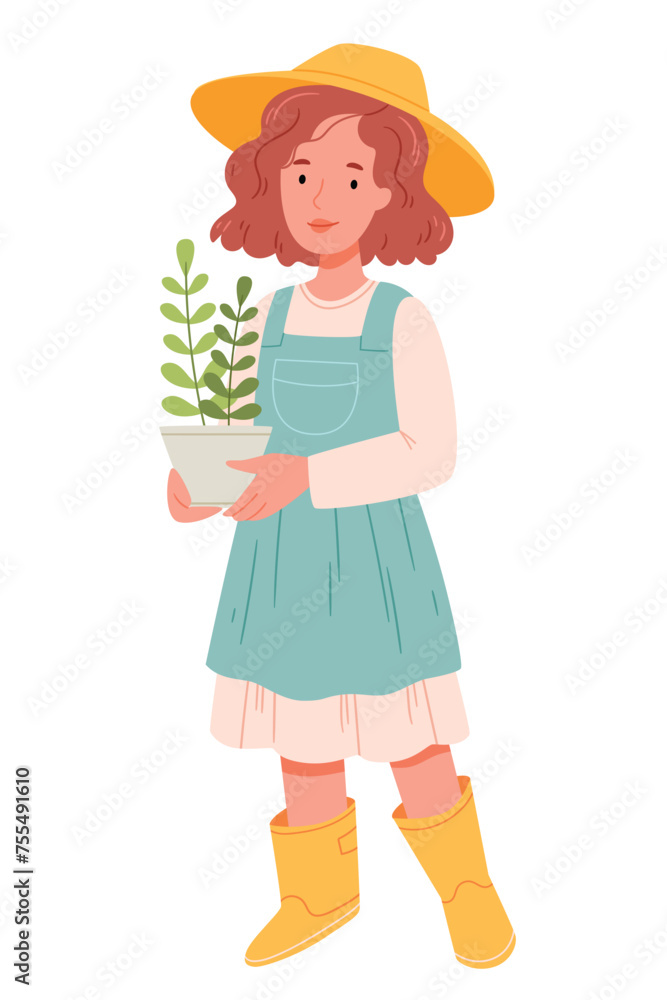 Cute girl gardener in hand drawn style holding a pot with a plant.Hand drawn vector trendy illustration. Cute girl gardener in hand drawn style holding a pot with a plant.Hand drawn vector trendy illustration.