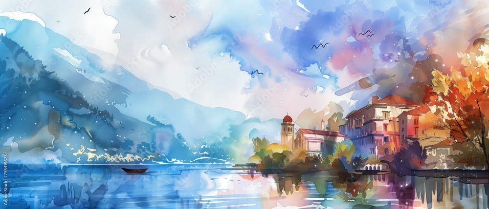 Obraz premium Lakeside Serenity, A dreamy watercolor landscape that captures the tranquil beauty of a lakeside village nestled against a backdrop of majestic mountains, under a sky streaked with the colors of dawn.