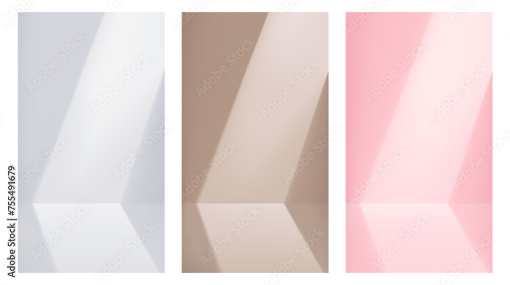 Vertical studio background of white, pink and beige color with slanting light from window. Empty monochrome 3D room template. Vector mock up for roll up banner or stories design, product presentation