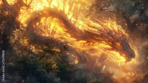 Inferno Serpent Awakening  An enchanting digital artwork that breathes life into the mythic image of a fiery dragon emerging with majesty from the heart of a mystical forest  illuminating the woods