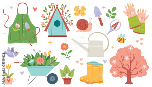 Set of spring garden illustrations in hand drawn style. Flat design.