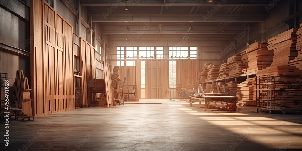 Furniture factory. inside a large furniture and interior wood items building factory or plant. Unfinished large wooden panel doors in front.