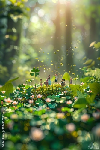miniature scene. a beautiful forest full of four-leaf clovers and flowers and people collecting pollen in little baskets