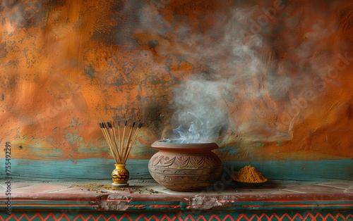 clay bowl with incense smoking, incense sticks on the side, wall of plaster