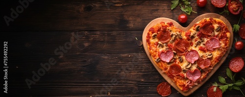 Heart shaped pizza for Valentines day on dark rustic wooden background pragma photo