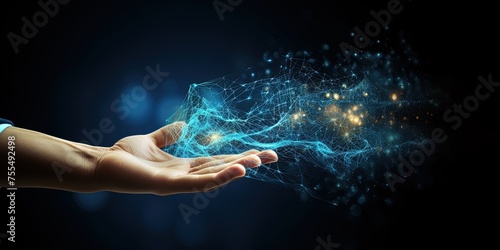 Human hand making contact with vortex of data and light particles in innovation and technology banner background