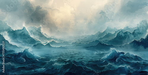 Interstellar oblique ocean. Matte painting work. Creaetd with Ai photo
