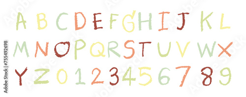 English alphabet A to Z, 0 to 9 color 25 cute on a white background, vector illustration.
