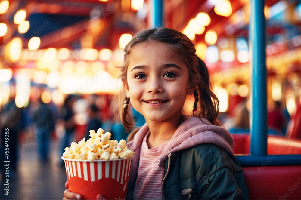 A cute young girl holding a popcorn box with a captivating smile at a lively amusement park