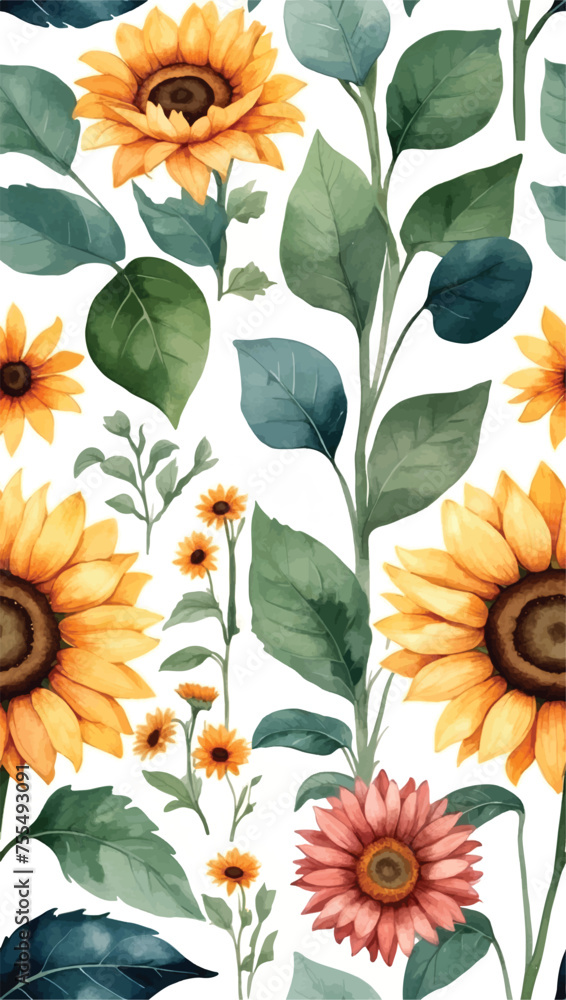 Beautiful seamless vector floral pattern, spring summer background with tropical flowers, palm leaves, jungle leaf,Sunflower flower, Leaves Blossom, Exotic wallpaper, Hawaiian, watercolour style Beautiful seamless vector floral pattern, spring summer background with tropical flowers, palm leaves, jungle leaf,Sunflower flower, Leaves Blossom, Exotic wallpaper, Hawaiian, watercolour style