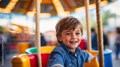 Cheerful young boy enjoys a carousel ride at an amusement park, captured with a blurred and glowing background