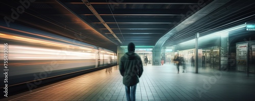 Long exposure picture with lonely young man shot from behind at subway station with blurry moving train and walking people in background, digital art