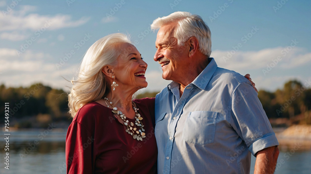 An affectionate senior couple sharing a kiss against a beautiful lakeside backdrop during golden hour An affectionate senior couple sharing a kiss against a beautiful lakeside backdrop during golden hour