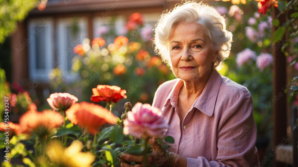 Fototapeta premium An elderly woman with white hair happily tends to flowers in a lush garden during golden hour