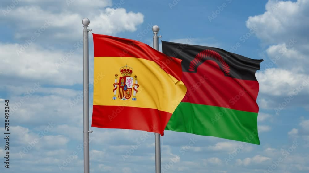 Malawi and Spain two flags waving together, looped video, two country relations concept Malawi and Spain two flags waving together, looped video, two country relations concept
