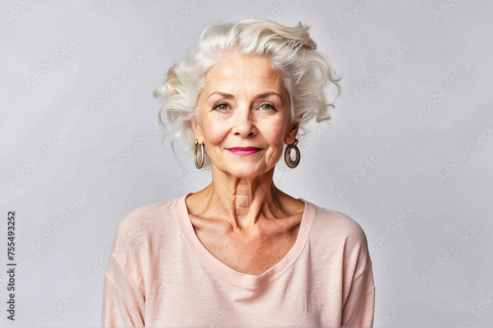 Serene elder lady with stylish white hair and sophisticated appearance