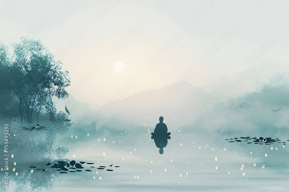 Figure meditating in foggy mountain landscape at dawn