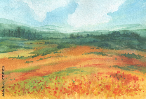 Panoramic view, landscape - beautiful red poppies bloom in the fields among the hills. Watercolor hand drawn illustration.