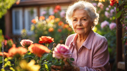 An elderly woman with white hair happily tends to flowers in a lush garden during golden hour © Eightshot Images
