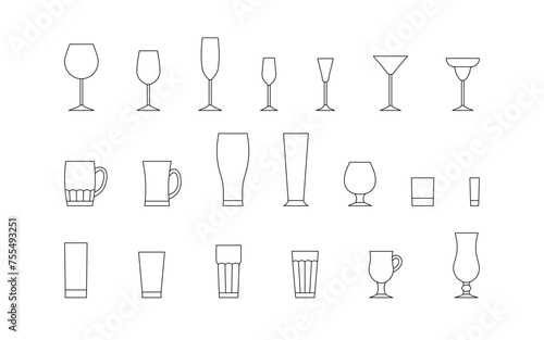 Glass cup for alcohol drink, line empty icon set. Beverage and cocktail in beer mug, wineglass, cup and other drink glassware. Outline sign of glass utensil, editable stroke. Vector
