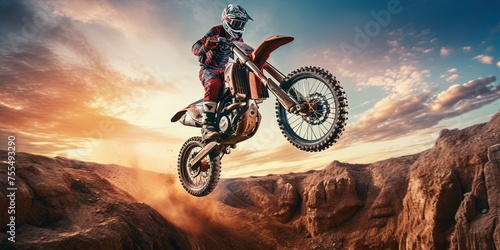 motorcycle stunt or car jump. A off road moto cross type motor bike, in mid air during a jump with a dirt trail. Wide format. photo