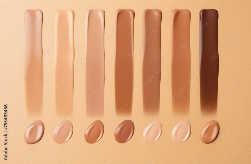 Fototapeta premium Creamy base fair tone product texture. Cosmetic face foundation smears set on beige background. Makeup swatch. Trendy self-care procedures. Textured thick cosmetics tonal cream liquid powder
