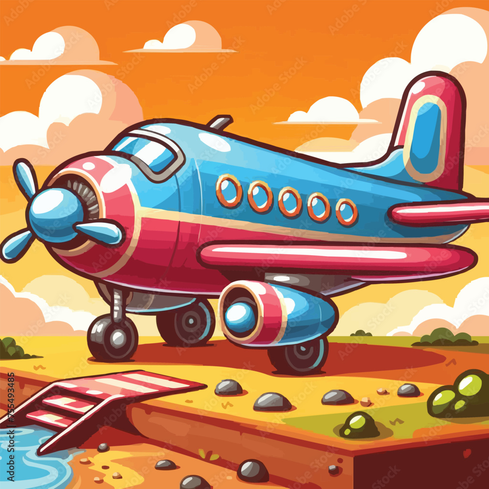 Fototapeta premium Free vector colorful cartoon airplane on ground