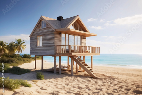 Charming stilt wood house standing on a sandy beach with the ocean in the background  captured in the warm light of golden hour