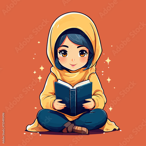 Cute muslim little girl wearing hijab, busy doing some reading.