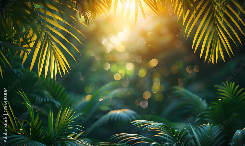 Fototapeta premium Tropical Palm Leaves in Sunlight, Generative AI 