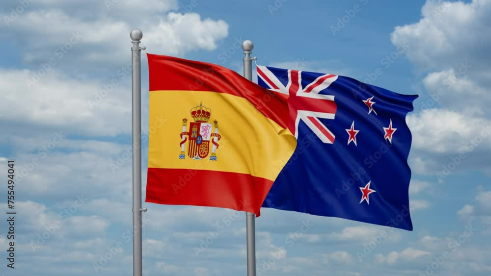 New Zealand and Spain two flags waving together, looped video, two country cooperation concept New Zealand and Spain two flags waving together, looped video, two country cooperation concept