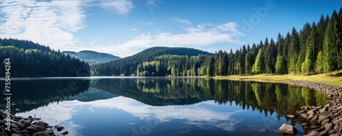 Stunning panorama background from the Mummelsee in the Black Forest on the Black Forest High Road, with reflection in the water