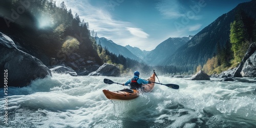 whitewater kayaking, down a white water rapid river in the mountains. © Viacheslav