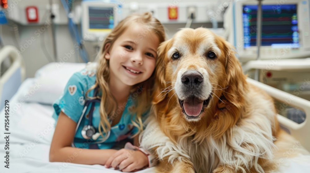 A heartwarming scene in a hospital as a nurse tenderly comforts a therapy dog