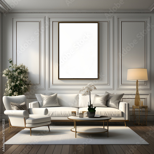 Modern living room interior features a comfortable armchair complementing the sofa  creating a stylish and inviting space white walls  luxury  evening  Interior Mockup with one white photo frames